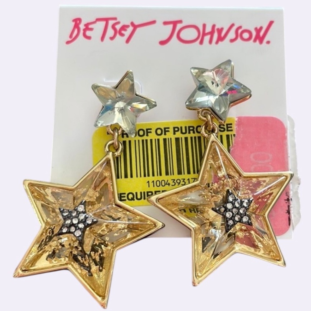 BETSEY JOHNSON Gold Resin Stars Featuring Silver & Crystals Dangle Earrings NWT